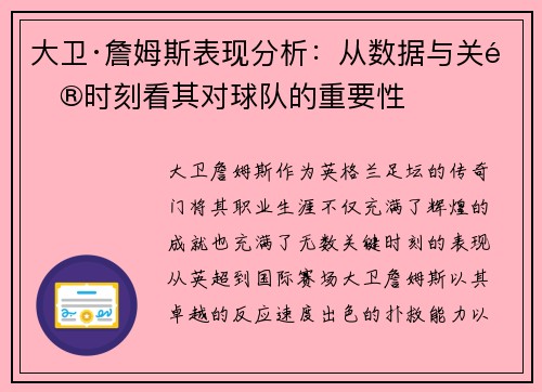 大卫·詹姆斯表现分析：从数据与关键时刻看其对球队的重要性